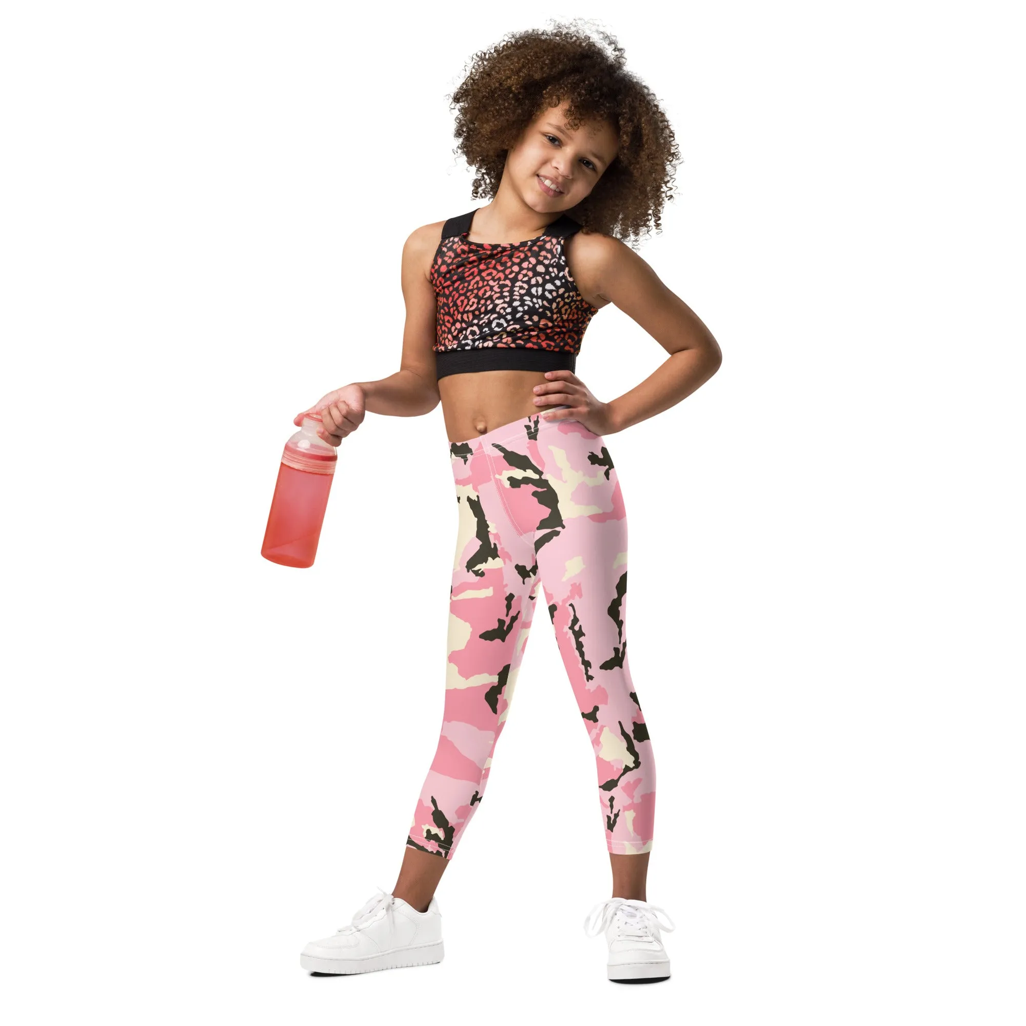 Pink Camo Print Kid's Leggings, Kid's Camouflaged Military Print Leggings Elastic Fitness Tights- Made in USA/ EU