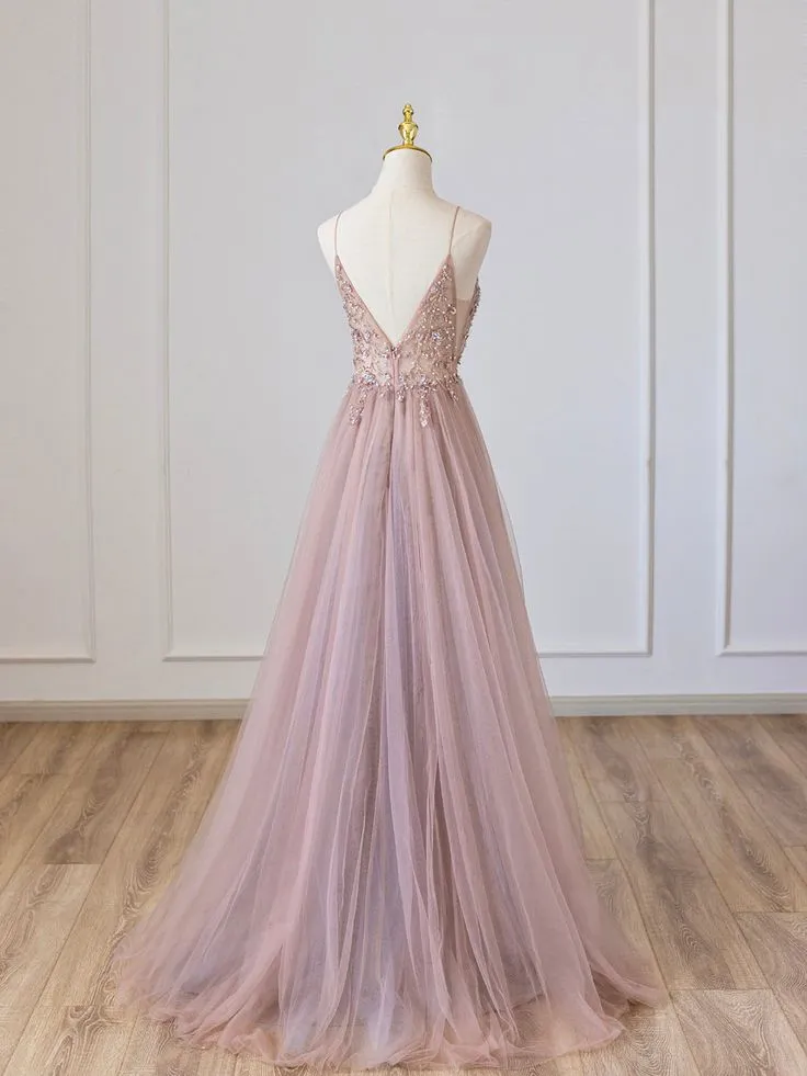 Pink V-Neck Tulle Long Prom Dress with Beaded, Pink Spaghetti Strap Evening Dress      fg5180