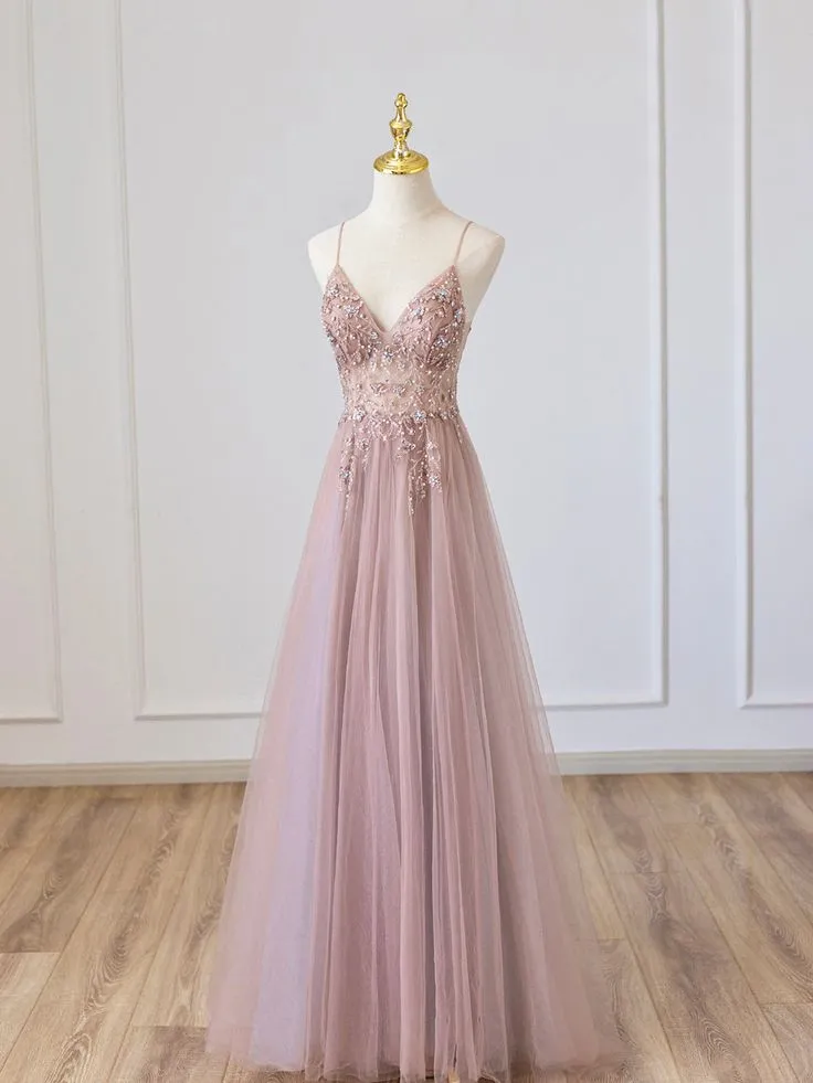 Pink V-Neck Tulle Long Prom Dress with Beaded, Pink Spaghetti Strap Evening Dress      fg5180