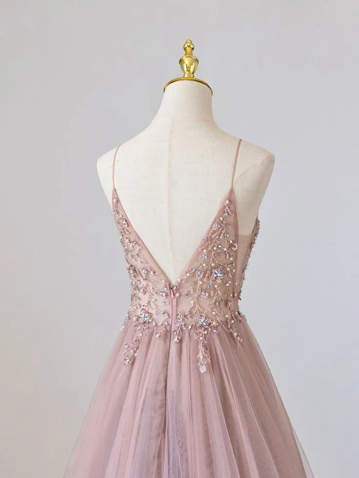 Pink V-Neck Tulle Long Prom Dress with Beaded, Pink Spaghetti Strap Evening Dress      fg5180