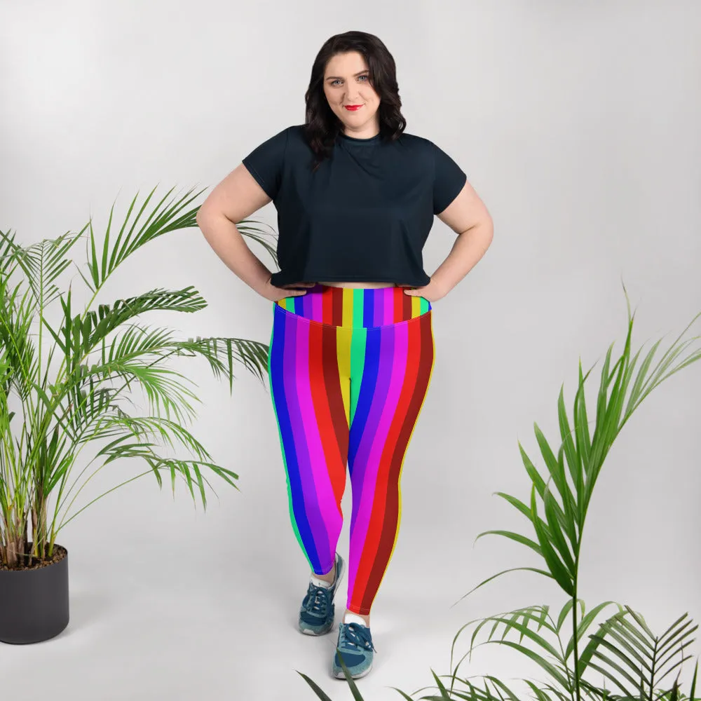 Rainbow Striped Plus Size Tights, Best Vertical Stripe Women's High Waist Ankle Length Plus Size Leggings