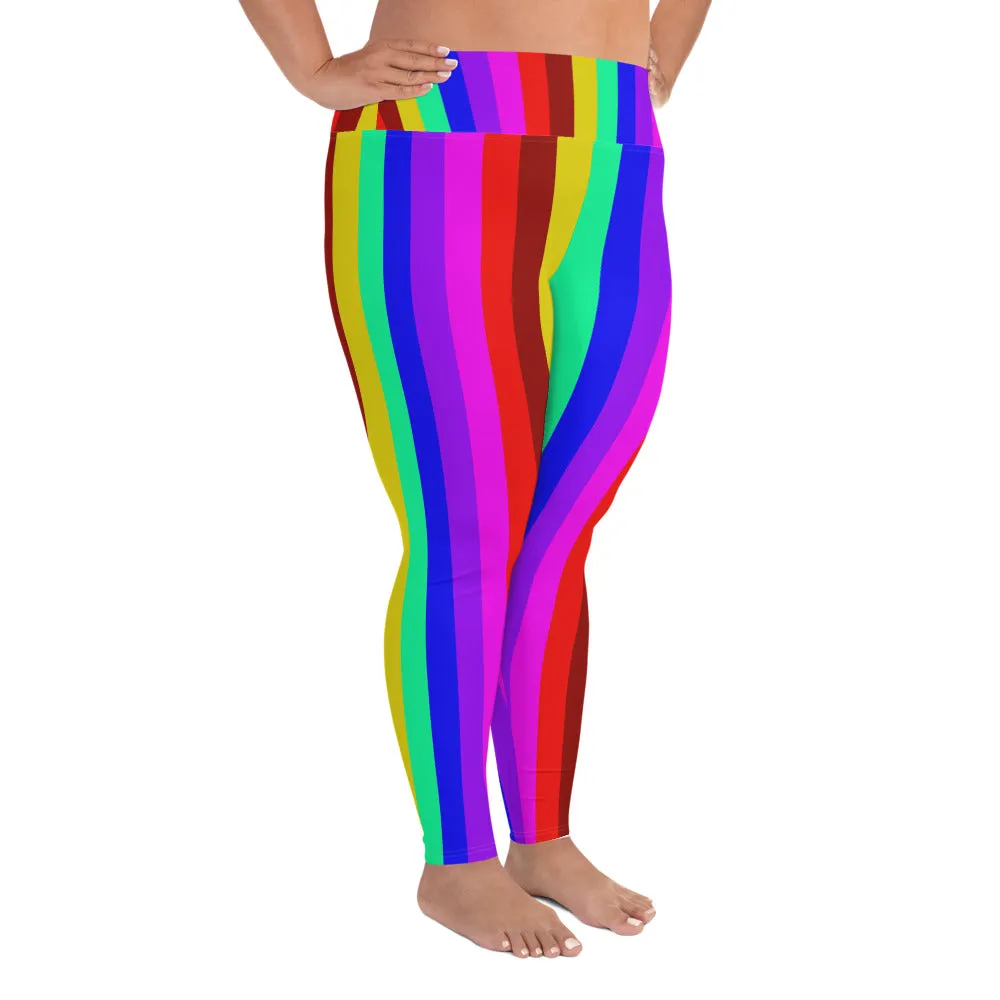 Rainbow Striped Plus Size Tights, Best Vertical Stripe Women's High Waist Ankle Length Plus Size Leggings