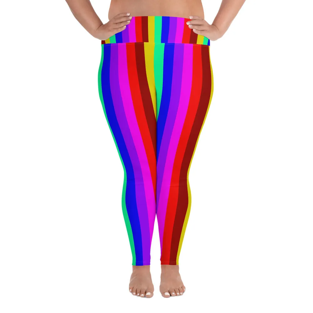 Rainbow Striped Plus Size Tights, Best Vertical Stripe Women's High Waist Ankle Length Plus Size Leggings