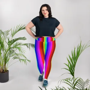 Rainbow Striped Plus Size Tights, Best Vertical Stripe Women's High Waist Ankle Length Plus Size Leggings