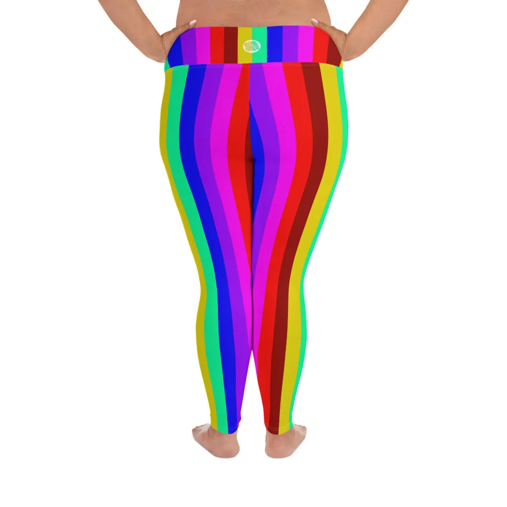Rainbow Striped Plus Size Tights, Best Vertical Stripe Women's High Waist Ankle Length Plus Size Leggings