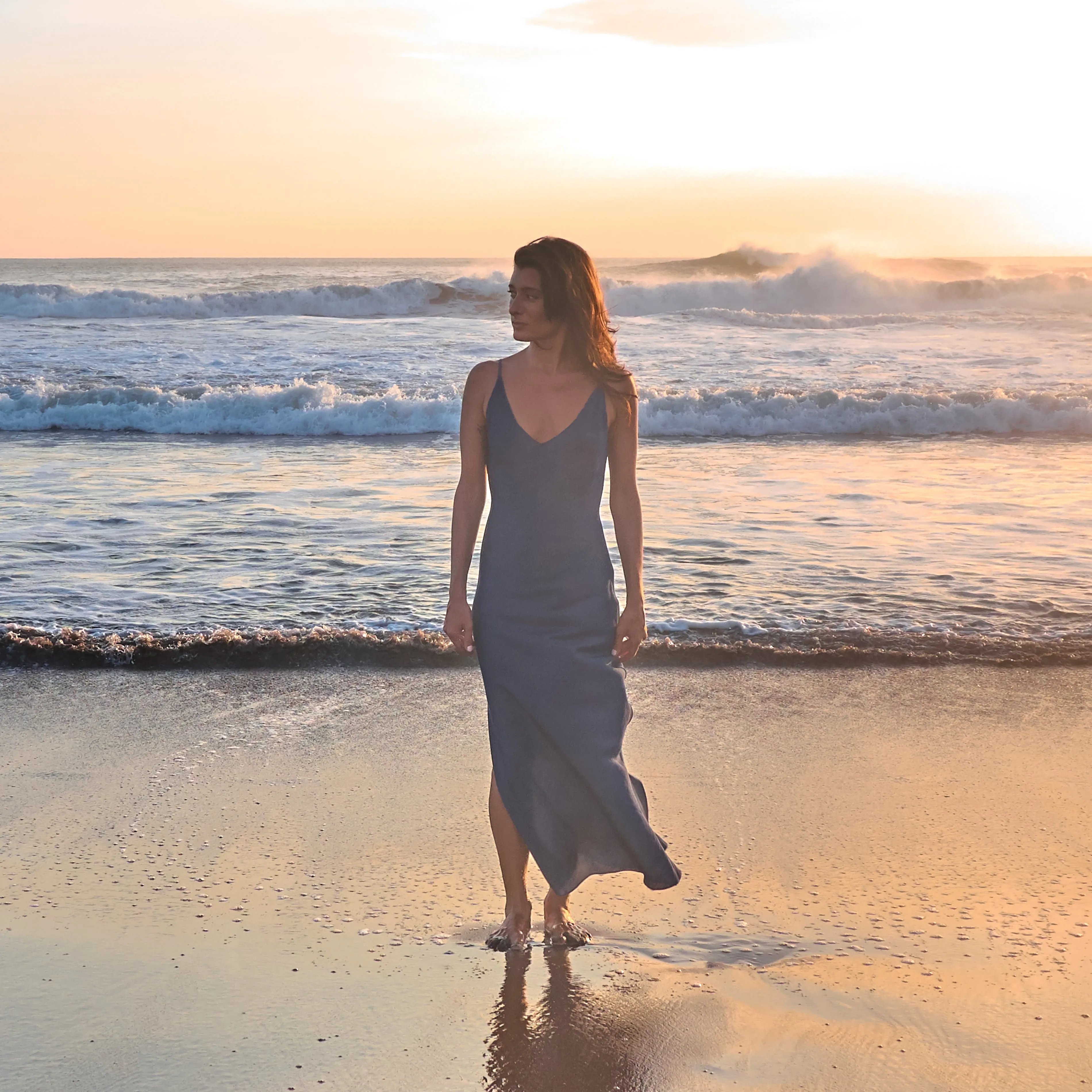 RINKI V LONG SLIP DRESS - Tencel Denim | Blue