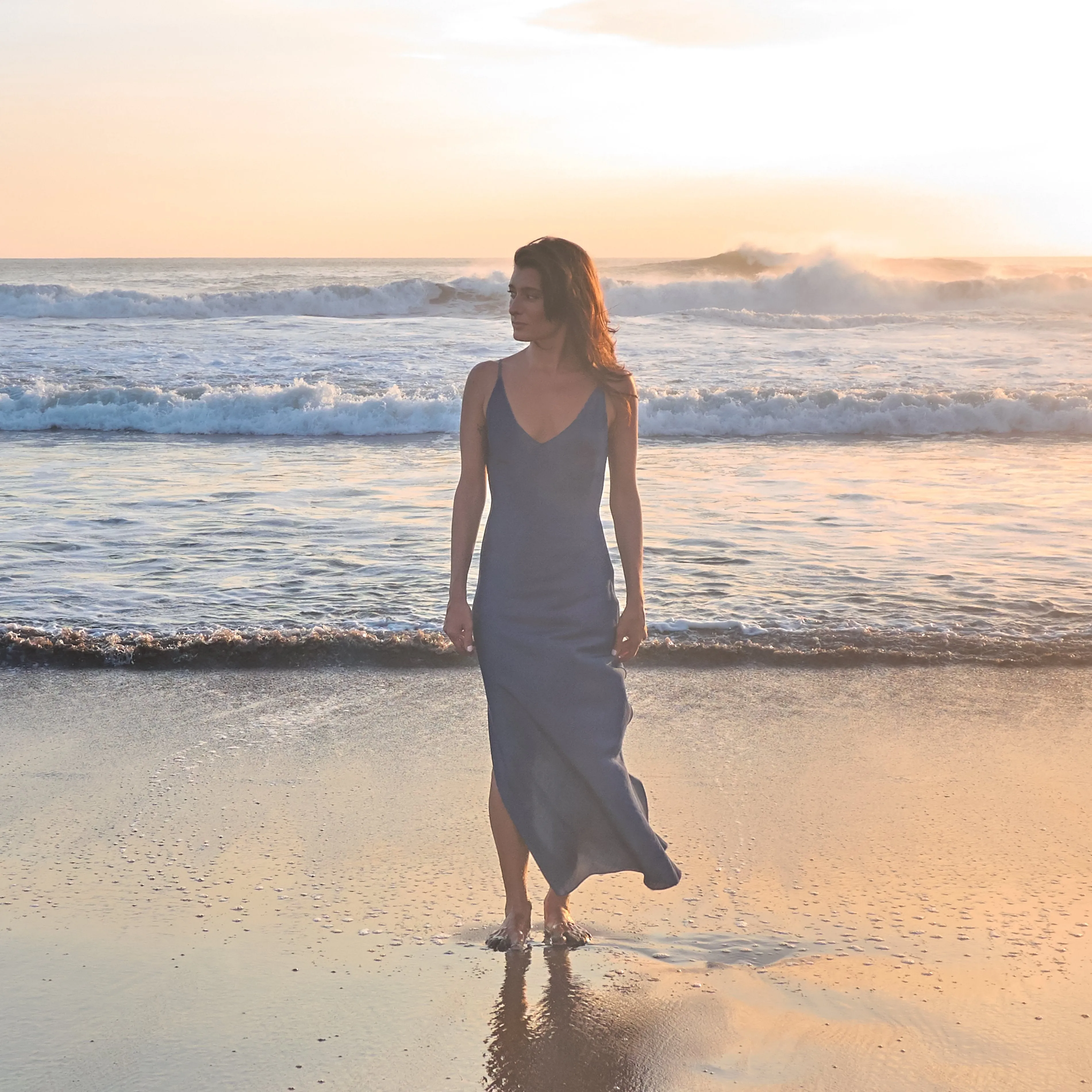 RINKI V LONG SLIP DRESS - Tencel Denim | Blue