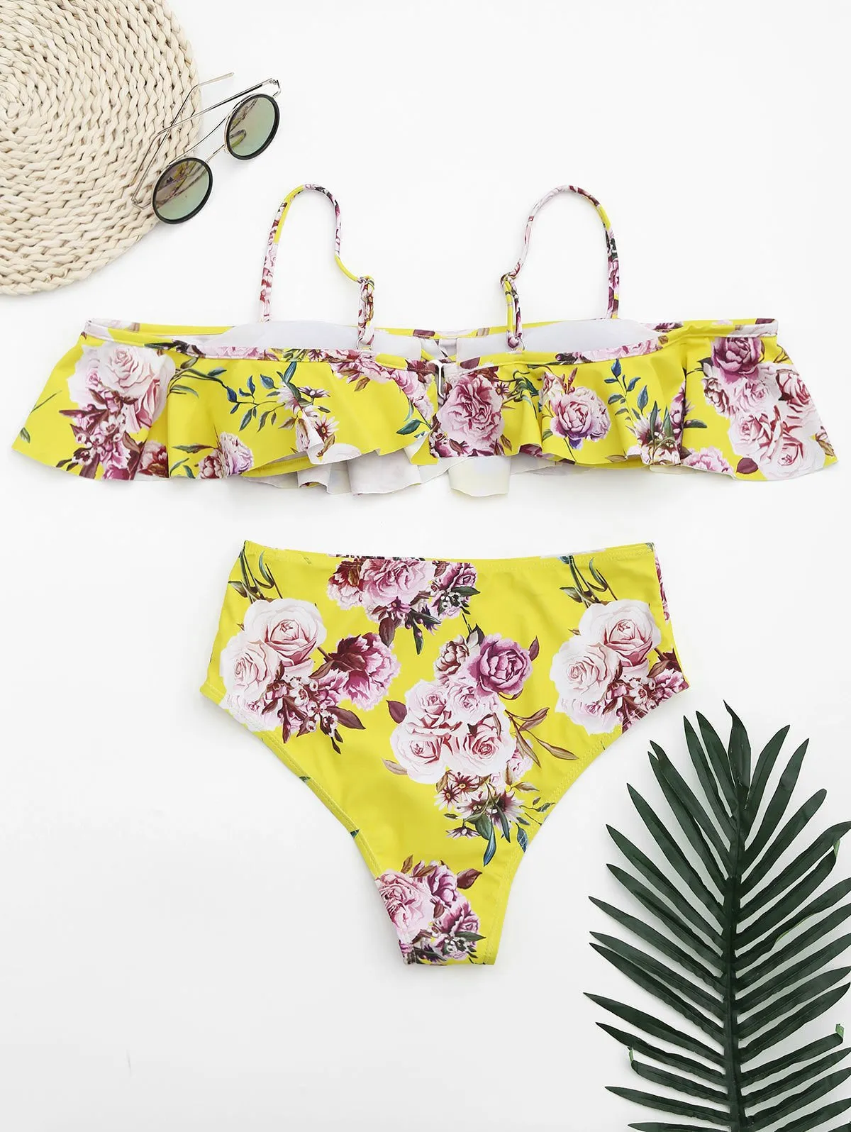Ruffles Floral Off Shoulder High Waisted Bikini