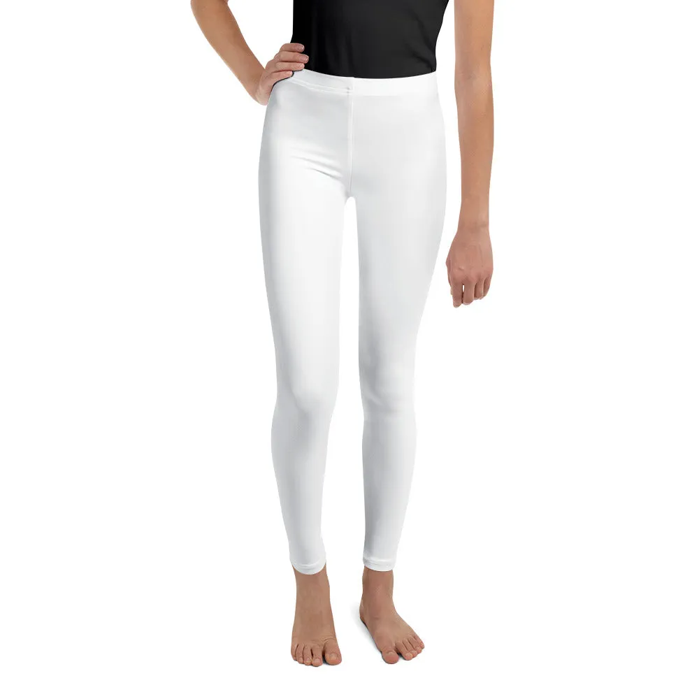Solid White Color Premium Youth Leggings Comfy Compression Pants- Made in USA/EU