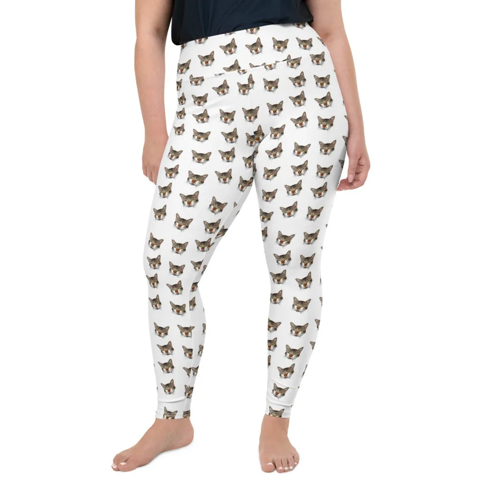 White Cat Print Plus Size Leggings, Women's Long Yoga Running Tights - Made in USA/EU