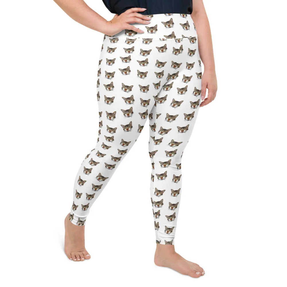 White Cat Print Plus Size Leggings, Women's Long Yoga Running Tights - Made in USA/EU
