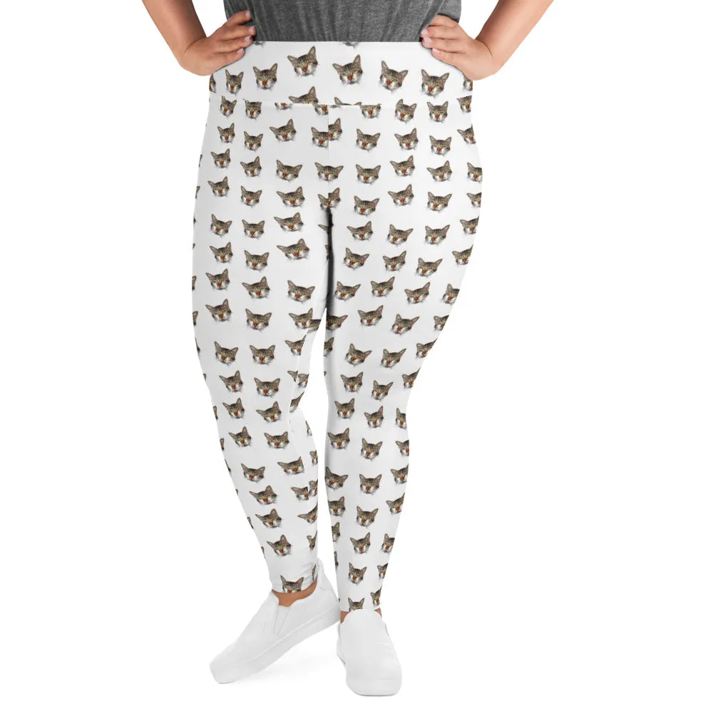 White Cat Print Plus Size Leggings, Women's Long Yoga Running Tights - Made in USA/EU