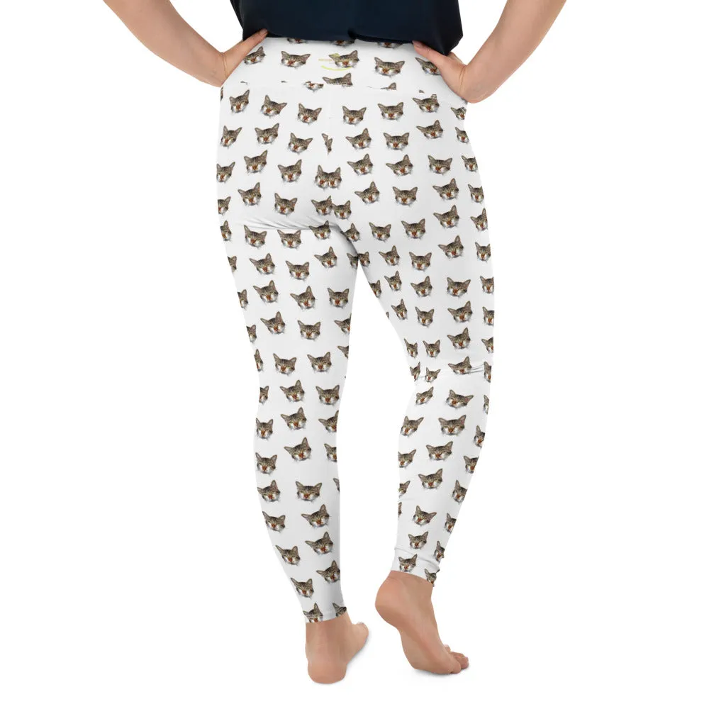 White Cat Print Plus Size Leggings, Women's Long Yoga Running Tights - Made in USA/EU