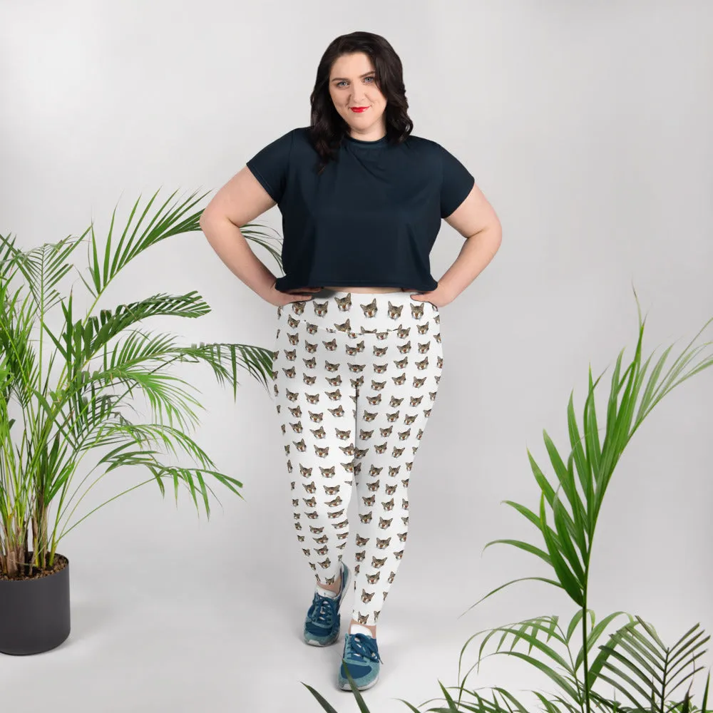 White Cat Print Plus Size Leggings, Women's Long Yoga Running Tights - Made in USA/EU