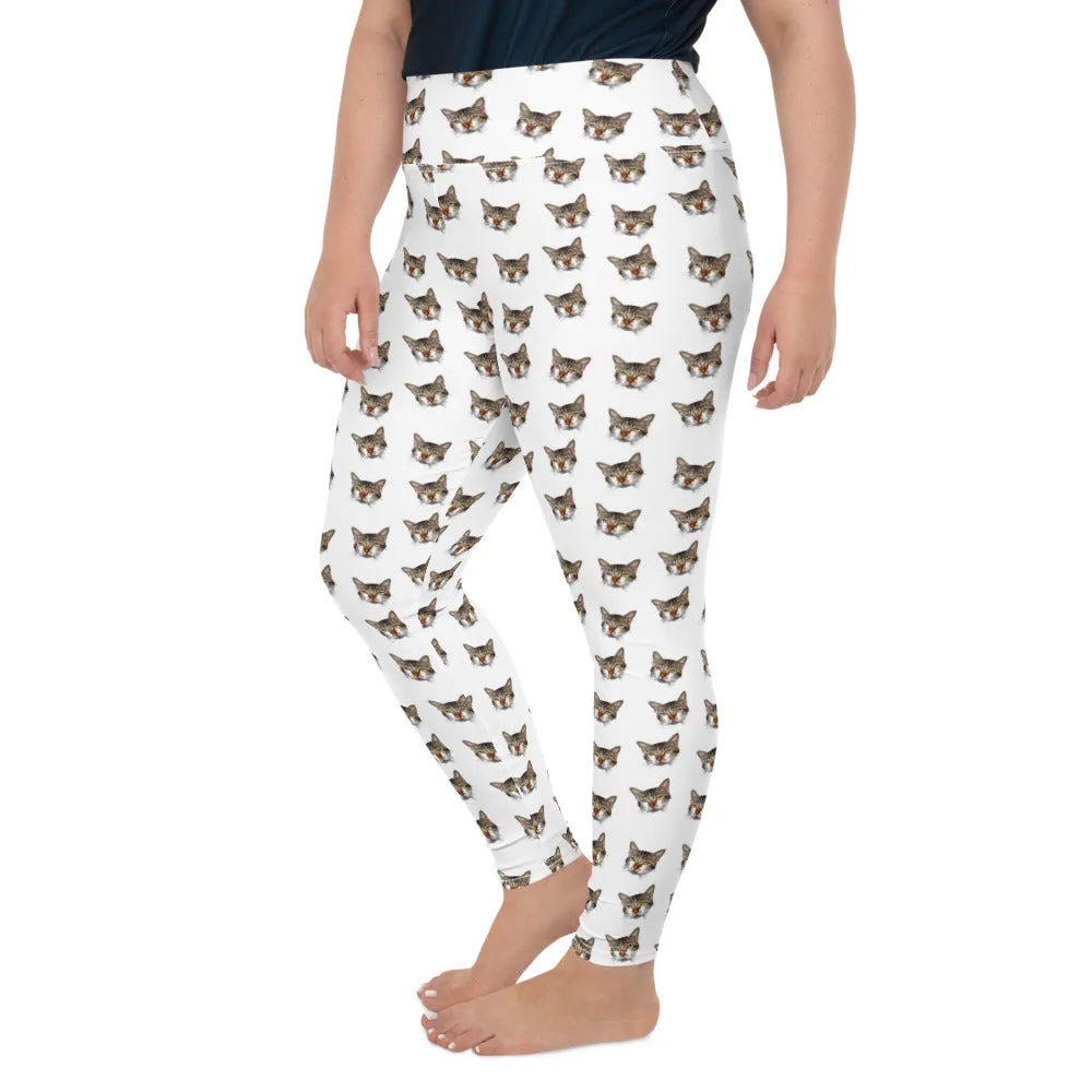 White Cat Print Plus Size Leggings, Women's Long Yoga Running Tights - Made in USA/EU