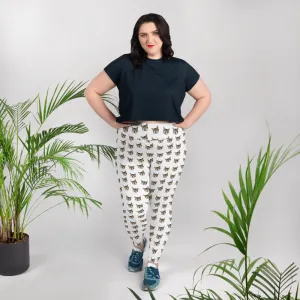 White Cat Print Plus Size Leggings, Women's Long Yoga Running Tights - Made in USA/EU