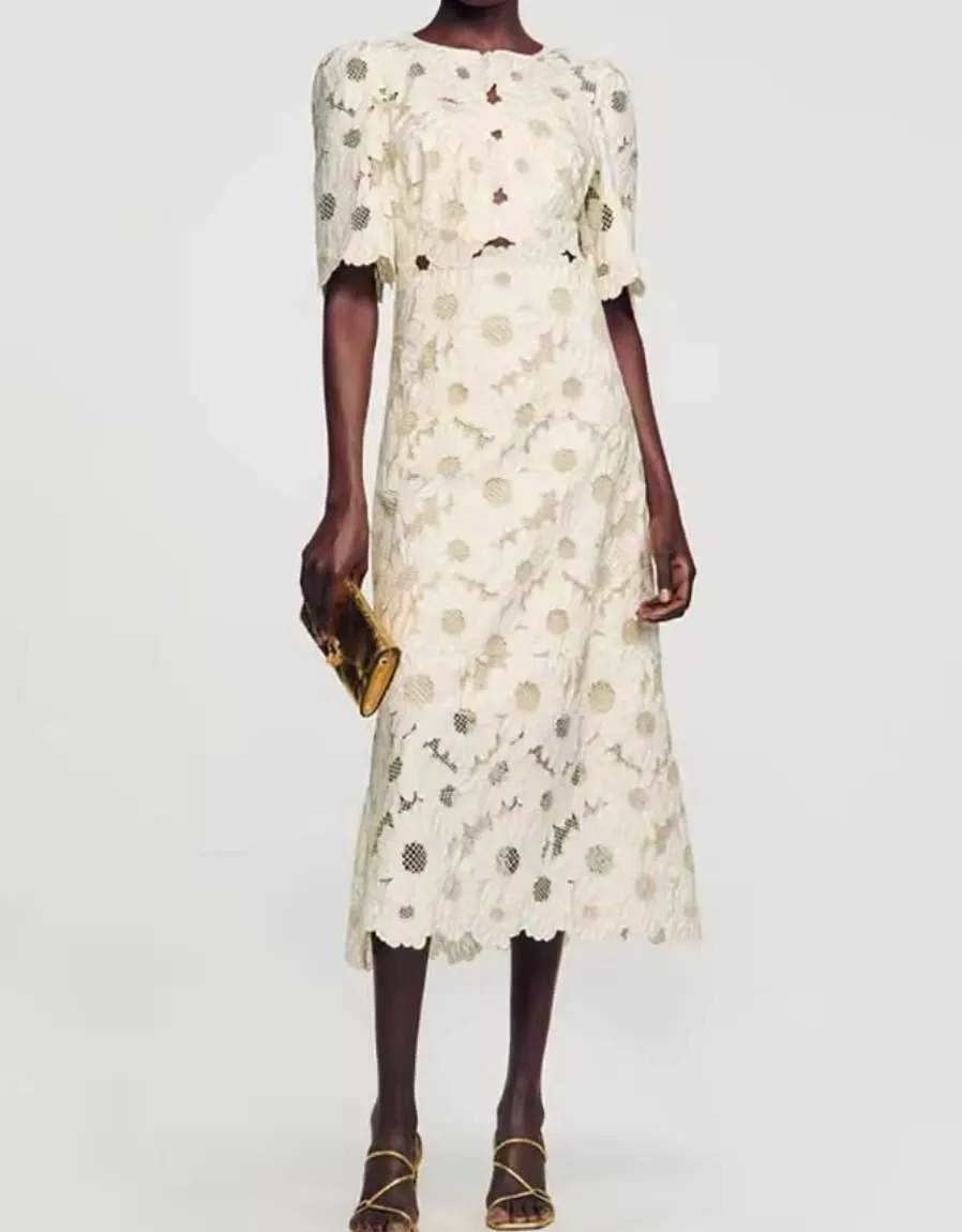 White Flower Embroidery Long Dress