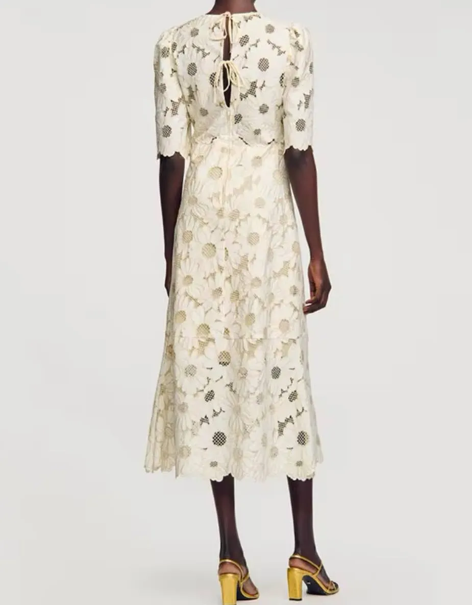 White Flower Embroidery Long Dress