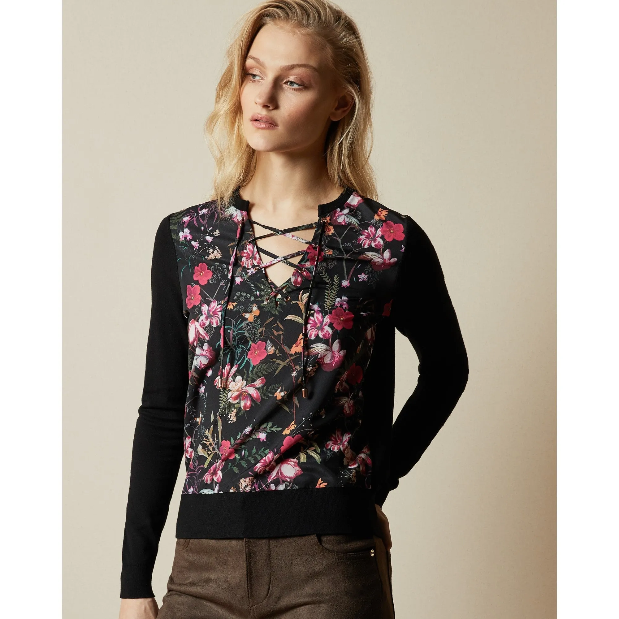 Women Graciiy-Fern Forest Woven Front Jumper - Black