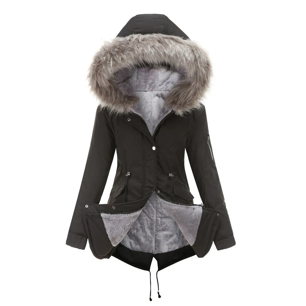 Women's fur collar cotton hooded overcoat winter warm coat with pocket