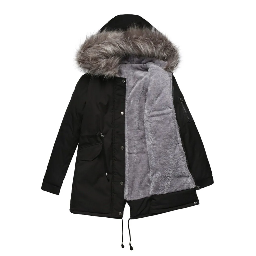 Women's fur collar cotton hooded overcoat winter warm coat with pocket