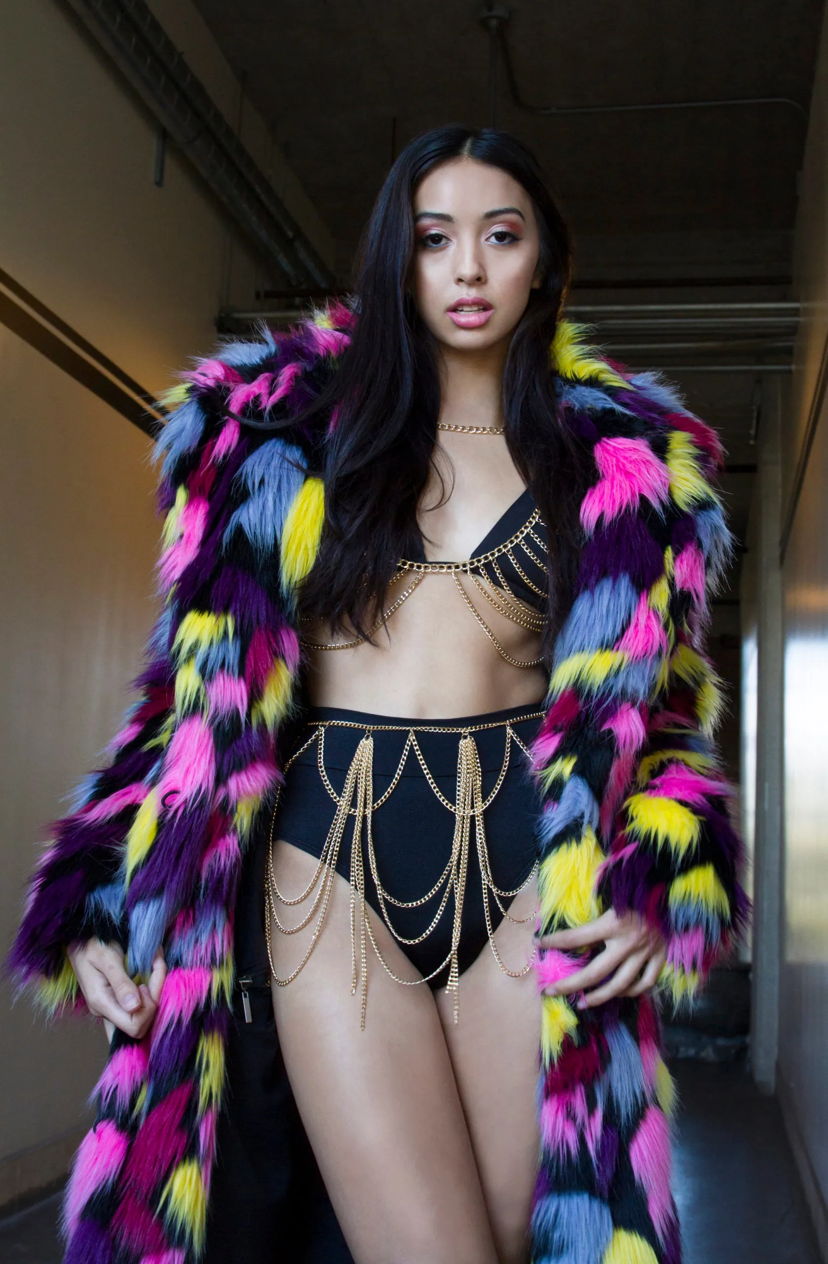 Women's Long Duchess Coat in "Kaleidoscope-pink-yellow-blue"