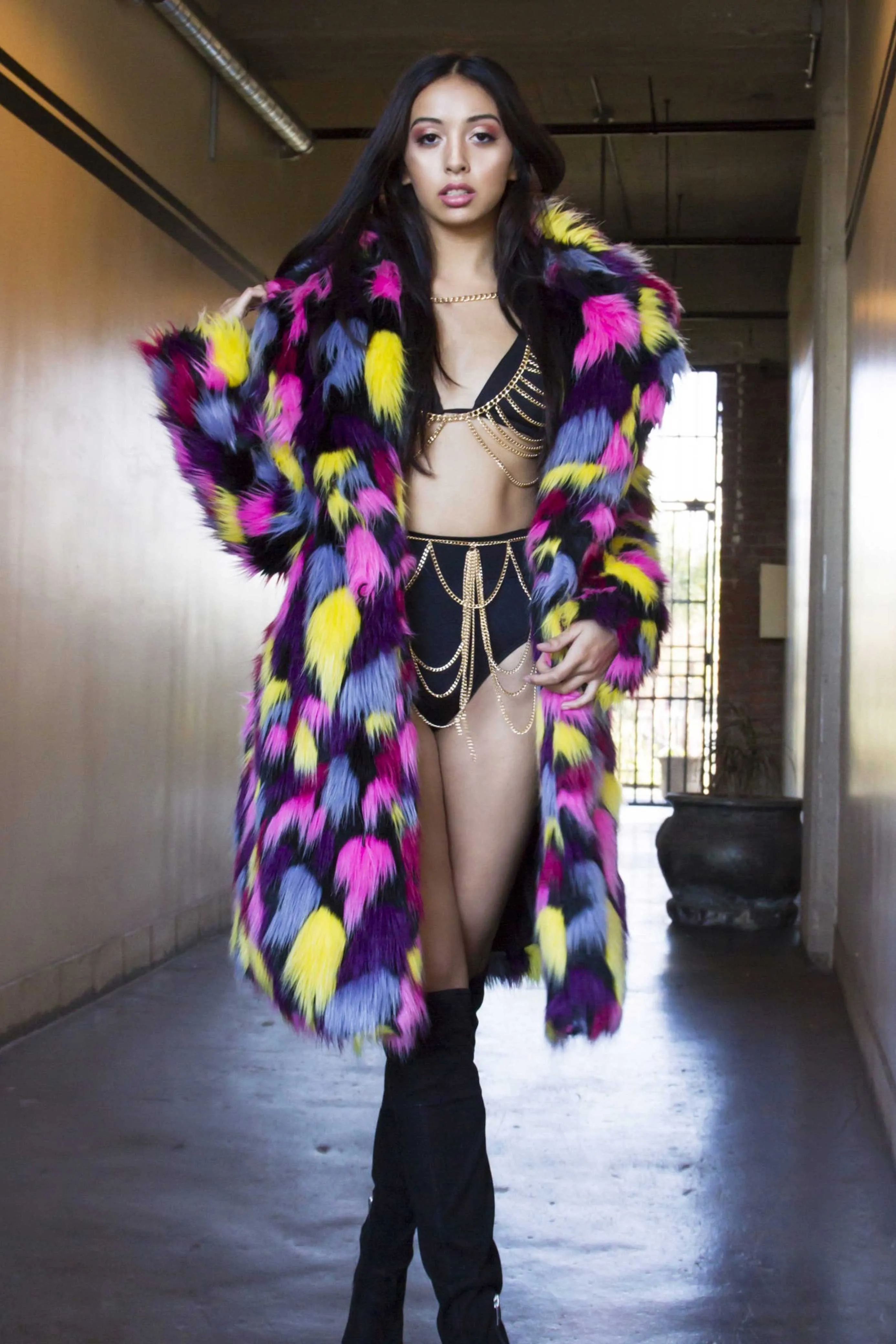 Women's Long Duchess Coat in "Kaleidoscope-pink-yellow-blue"
